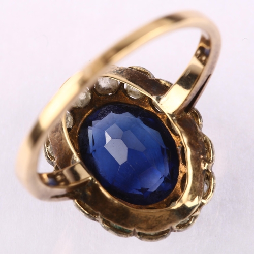 1128 - A mid-20th century synthetic sapphire and diamond oval cluster ring, Continental gold settings with ... 