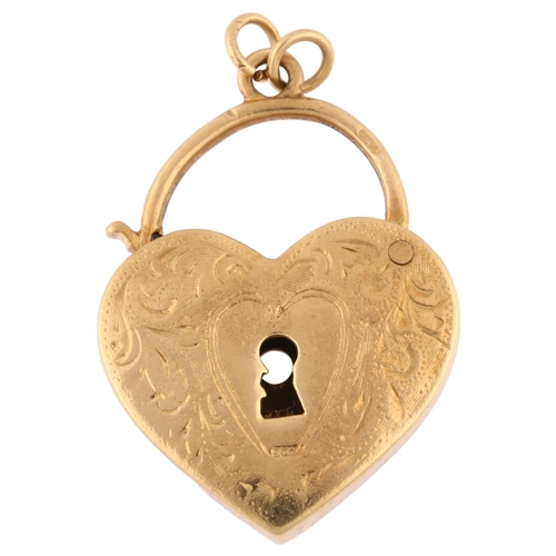 1131 - A 9ct gold heart padlock clasp/pendant, possibly Antique and re-hallmarked, engraved foliate and hea... 