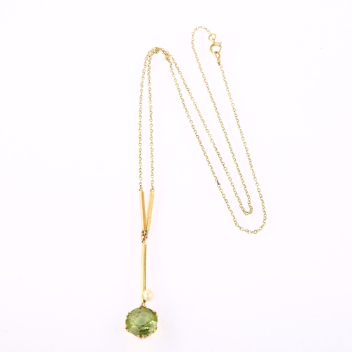 1132 - An Edwardian 15ct gold peridot and pearl drop pendant necklace, set with round-cut peridot, peridot ... 