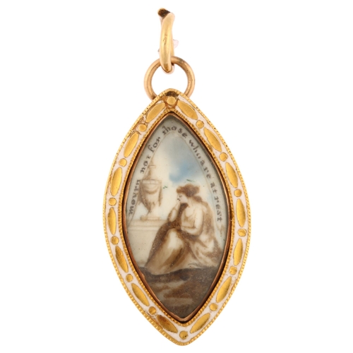 1133 - A Georgian navette miniature portrait mourning pendant, unmarked rose gold closed-back settings with... 