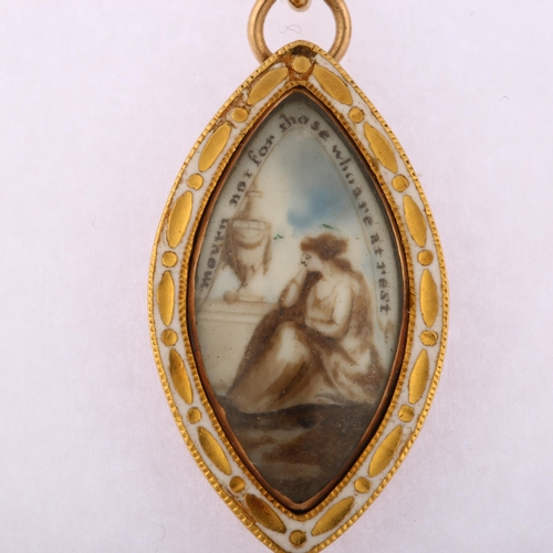 1133 - A Georgian navette miniature portrait mourning pendant, unmarked rose gold closed-back settings with... 