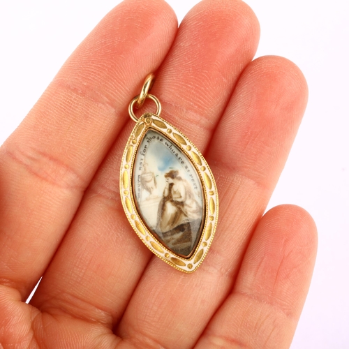 1133 - A Georgian navette miniature portrait mourning pendant, unmarked rose gold closed-back settings with... 