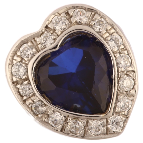 1145 - A modern Continental 18ct white gold synthetic sapphire and diamond heart cluster ring, set with hea... 