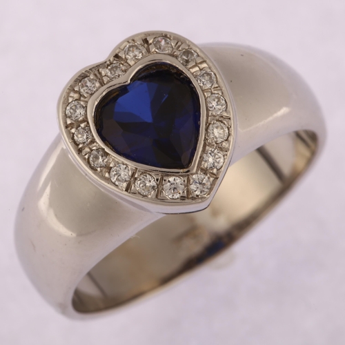 1145 - A modern Continental 18ct white gold synthetic sapphire and diamond heart cluster ring, set with hea... 