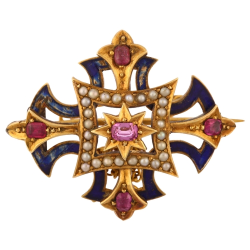 1153 - A 19th century ruby pearl and blue enamel quatrefoil Byzantine cross brooch, brooch length 32.1mm, 4... 