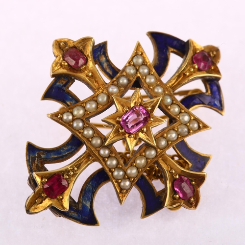 1153 - A 19th century ruby pearl and blue enamel quatrefoil Byzantine cross brooch, brooch length 32.1mm, 4... 