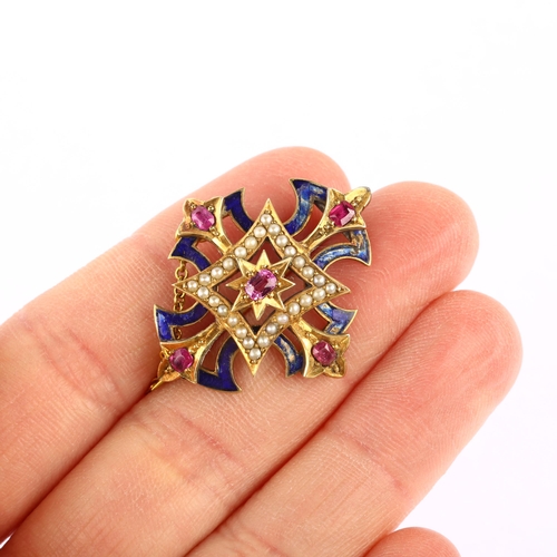 1153 - A 19th century ruby pearl and blue enamel quatrefoil Byzantine cross brooch, brooch length 32.1mm, 4... 