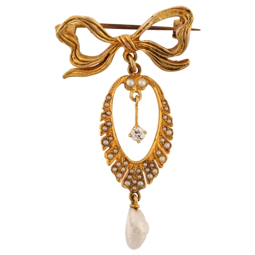 1154 - A mid-20th century 14ct and 9ct gold pearl and diamond ribbon drop brooch, hallmarks Birmingham 1963... 