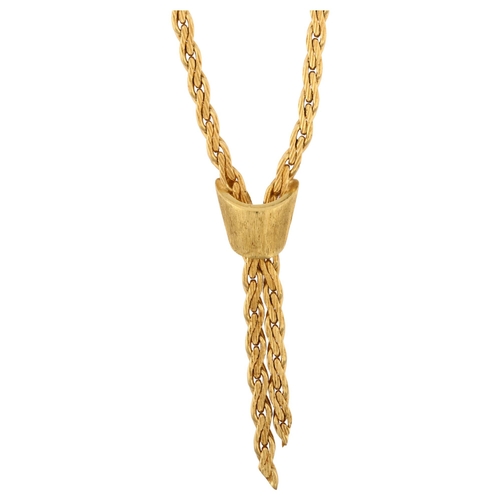 1169 - An Italian 18ct gold tassel necklace, textured and polished design, length 42cm, 15g