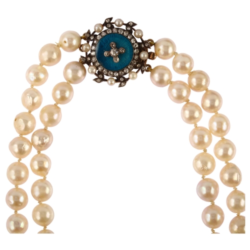 1176 - A double-strand cultured pearl necklace, with unmarked gold pearl diamond and blue enamel clasp, tot... 