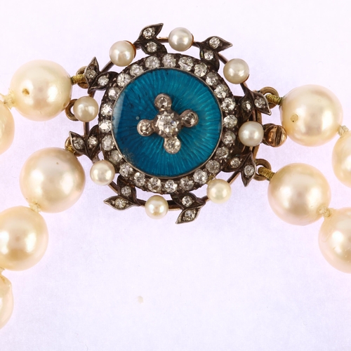 1176 - A double-strand cultured pearl necklace, with unmarked gold pearl diamond and blue enamel clasp, tot... 