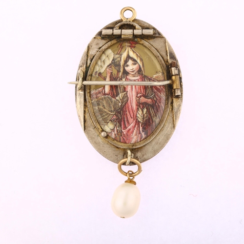 1179 - A Victorian pearl and black enamel mourning pendant/brooch, unmarked yellow metal settings with engr... 