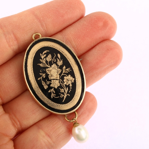 1179 - A Victorian pearl and black enamel mourning pendant/brooch, unmarked yellow metal settings with engr... 