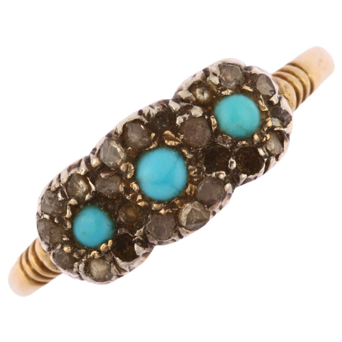 1182 - An early 20th century 18ct gold turquoise and diamond triple cluster ring, set with round cabochon t... 