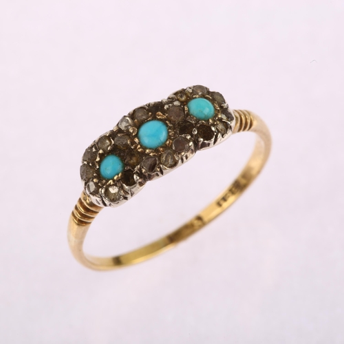 1182 - An early 20th century 18ct gold turquoise and diamond triple cluster ring, set with round cabochon t... 