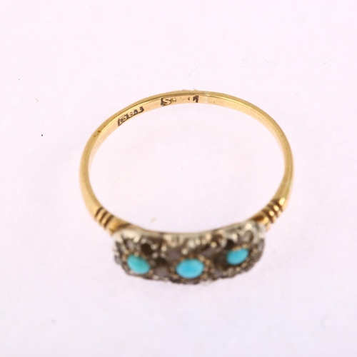 1182 - An early 20th century 18ct gold turquoise and diamond triple cluster ring, set with round cabochon t... 