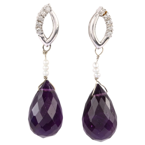 1187 - A pair of 9ct white gold amethyst pearl and diamond drop earrings, set with briolette-cut amethyst, ... 