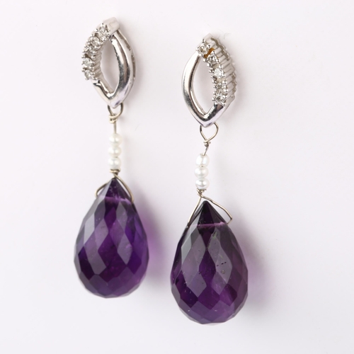 1187 - A pair of 9ct white gold amethyst pearl and diamond drop earrings, set with briolette-cut amethyst, ... 