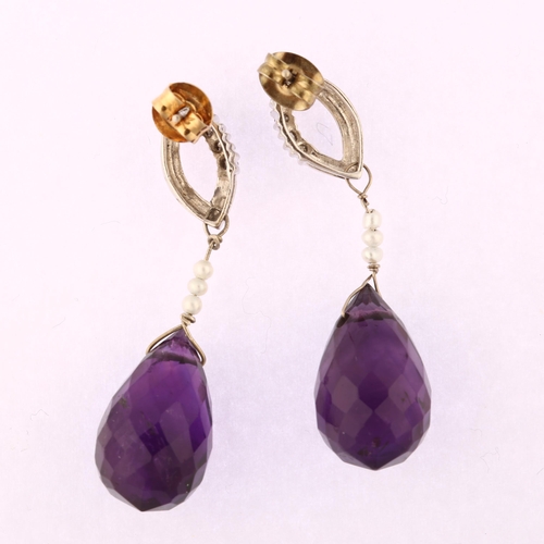 1187 - A pair of 9ct white gold amethyst pearl and diamond drop earrings, set with briolette-cut amethyst, ... 