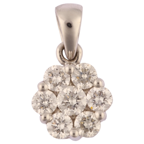 1188 - A modern 18ct white gold diamond flowerhead cluster pendant, prong set with modern round brilliant-c... 