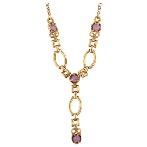 1196 - A 9ct gold amethyst drop necklace, length 44cm, 5.4g