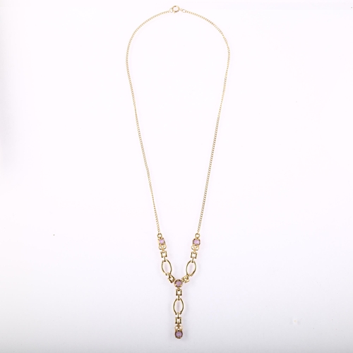 1196 - A 9ct gold amethyst drop necklace, length 44cm, 5.4g