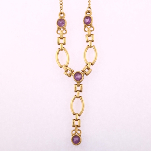 1196 - A 9ct gold amethyst drop necklace, length 44cm, 5.4g