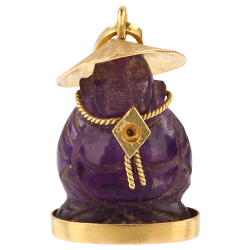 1197 - A Chinese 18ct gold mounted fluorite Buddha pendant/charm, pendant height 28.7mm, 5.6g