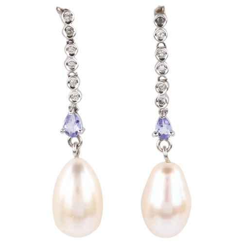 1198 - A pair of cultured pearl iolite and diamond drop earrings, with unmarked gold stud fittings, earring... 