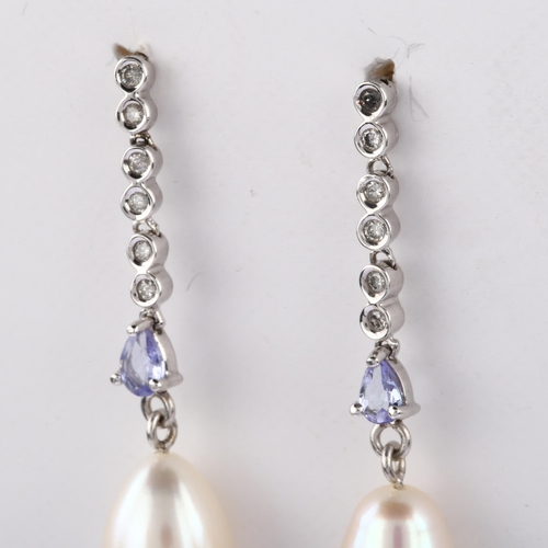 1198 - A pair of cultured pearl iolite and diamond drop earrings, with unmarked gold stud fittings, earring... 