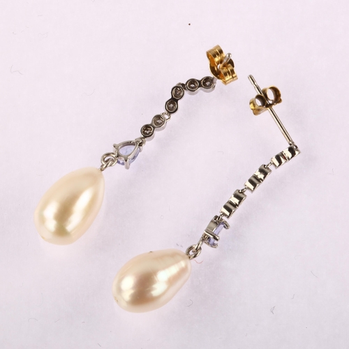 1198 - A pair of cultured pearl iolite and diamond drop earrings, with unmarked gold stud fittings, earring... 