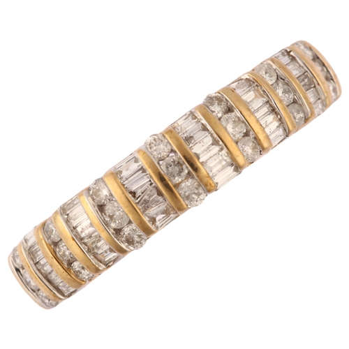 1199 - A modern 9ct gold diamond half hoop ring, set with baguette and modern round brilliant-cut diamonds,... 