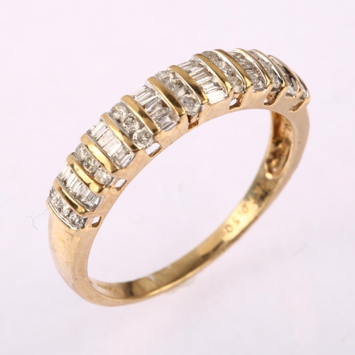 1199 - A modern 9ct gold diamond half hoop ring, set with baguette and modern round brilliant-cut diamonds,... 