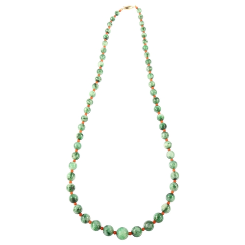 1200 - A graduated single-strand jadeite and coral bead necklace, with 18ct gold barrel clasp, beads rangin... 