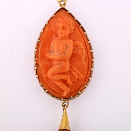 1201 - A 19th century coral cameo drop pendant, unmarked yellow metal settings with relief carved cherub pa... 