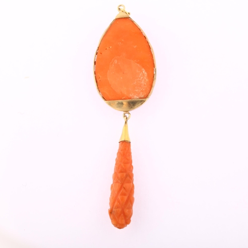 1201 - A 19th century coral cameo drop pendant, unmarked yellow metal settings with relief carved cherub pa... 