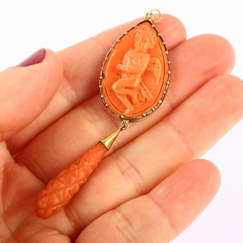 1201 - A 19th century coral cameo drop pendant, unmarked yellow metal settings with relief carved cherub pa... 