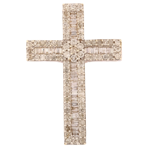 1202 - A modern 9ct gold diamond cross pendant, set with modern round brilliant baguette and single-cut dia... 