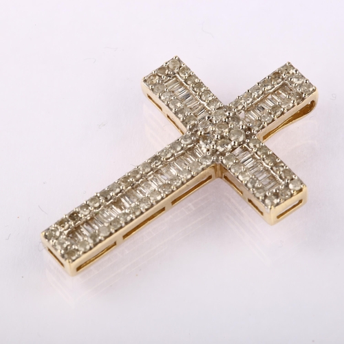 1202 - A modern 9ct gold diamond cross pendant, set with modern round brilliant baguette and single-cut dia... 