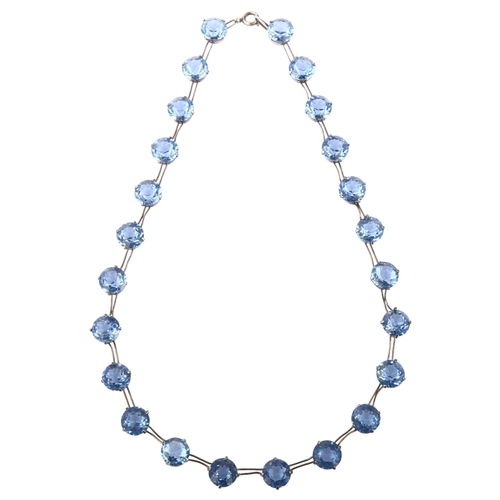 1204 - An Art Deco sterling silver blue paste riviere necklace, paste diameter 8mm, necklace length 32cm, 1... 