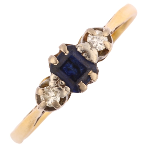 1205 - An 18ct gold three stone sapphire and diamond ring, set with square step-cut sapphire and modern rou... 