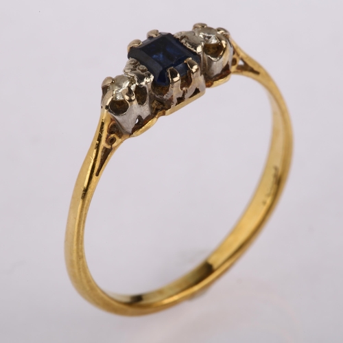 1205 - An 18ct gold three stone sapphire and diamond ring, set with square step-cut sapphire and modern rou... 