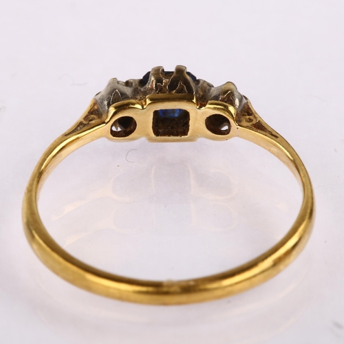 1205 - An 18ct gold three stone sapphire and diamond ring, set with square step-cut sapphire and modern rou... 