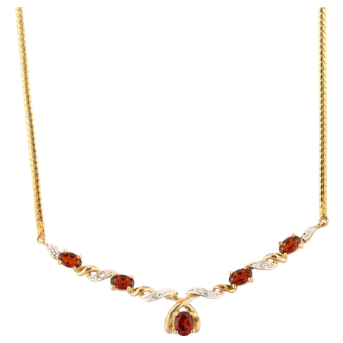 1208 - A 9ct gold garnet and diamond necklace, length 40cm, 6g