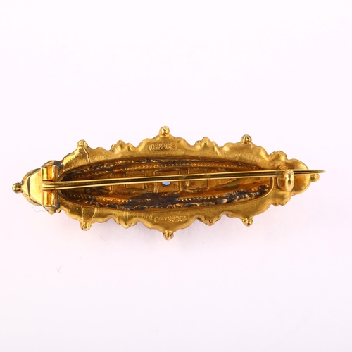 1212 - A late Victorian 9ct gold blue paste and pearl Etruscan style brooch, maker's marks C & Co, hallmark... 