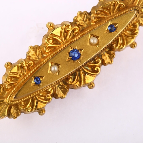 1212 - A late Victorian 9ct gold blue paste and pearl Etruscan style brooch, maker's marks C & Co, hallmark... 