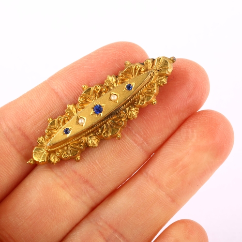 1212 - A late Victorian 9ct gold blue paste and pearl Etruscan style brooch, maker's marks C & Co, hallmark... 