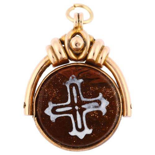 1214 - An Antique 9ct gold goldstone swivel fob with hand painted decoration, fob height 30.1mm, 9.4g