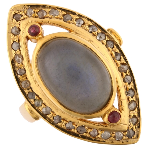 1216 - A large modern silver-gilt labradorite ruby and diamond marquise cluster ring, setting height 30.8mm... 