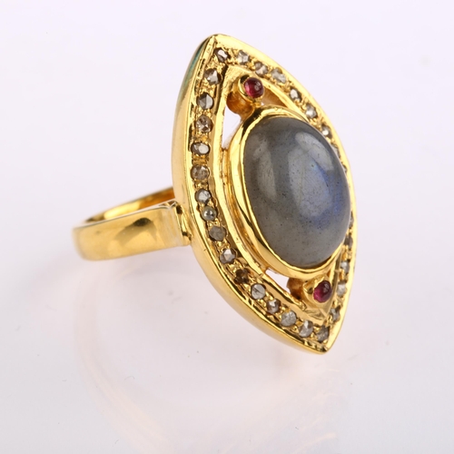 1216 - A large modern silver-gilt labradorite ruby and diamond marquise cluster ring, setting height 30.8mm... 